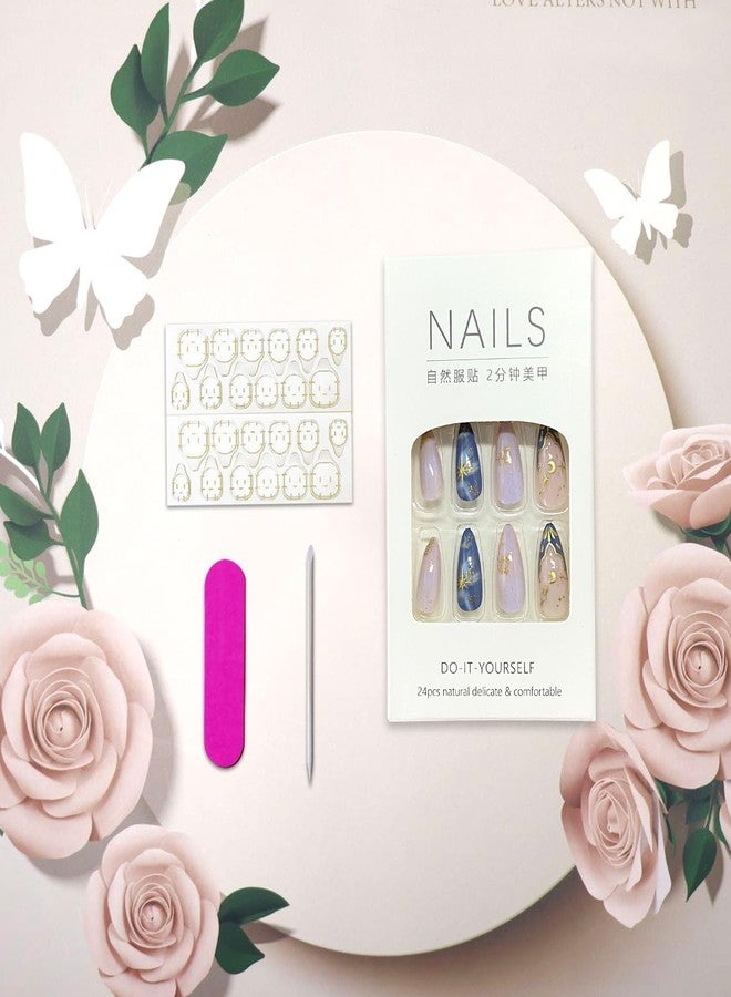Vopintpy Gold Star Moon French Tip Press on Nails Gold Foil Cat Eye Fake Nails with Design Glossy Long Almond Artificial Stick on Nail Full Cover Acrylic Glue on Nail for Women DIY Manicure - Image 5